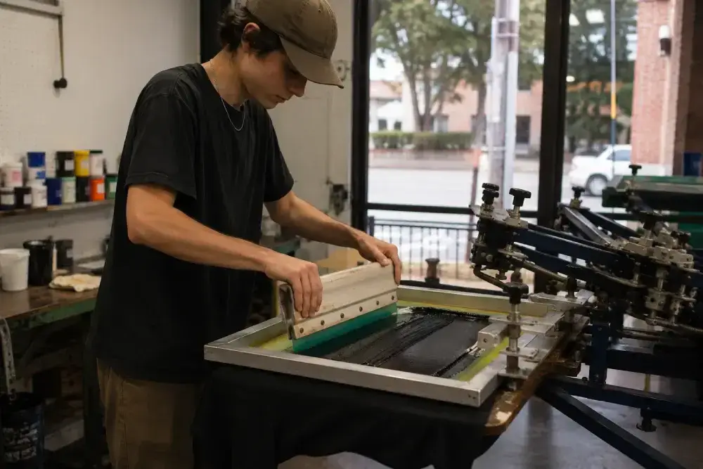 Custom apparel printing production at Aaron's Designs, Texas