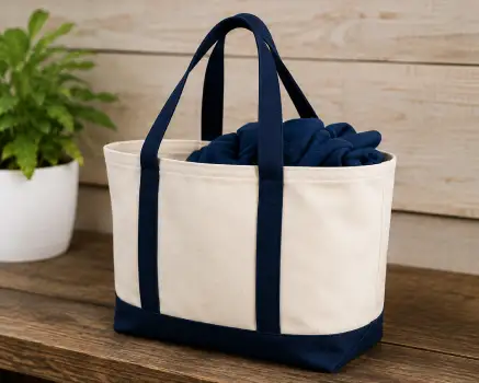 Custom navy and white canvas tote bag by Aaron's Designs, Red Oak TX